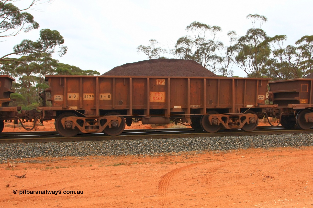 100605 9330
WO type iron ore waggon WO 31293 is one of a batch of fifteen built by WAGR Midland Workshops between July and October 1968 with fleet number 172 for Koolyanobbing iron ore operations, with a 75 ton and 1018 ft³ capacity, Binduli Triangle, loaded with fines, 5th June 2010.
Keywords: WO-type;WO31293;WAGR-Midland-WS;
