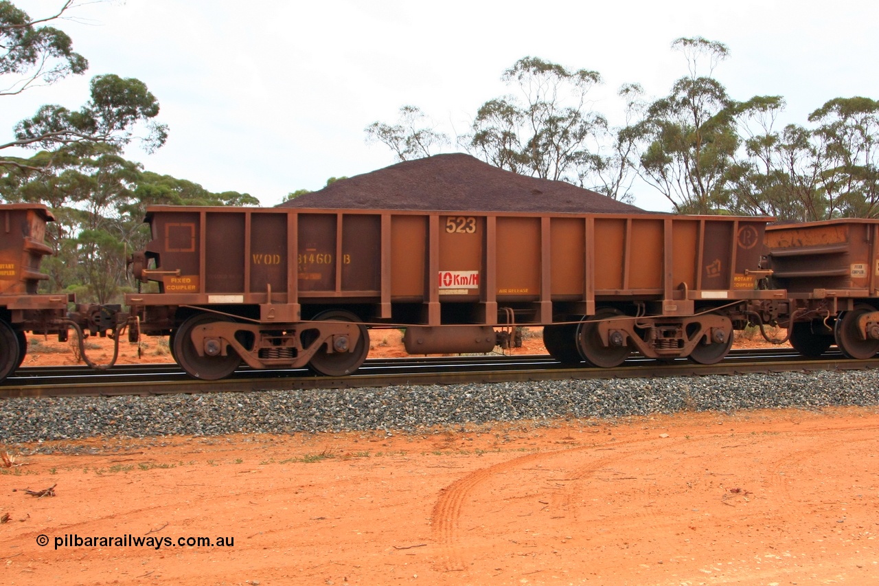 100605 9331
WOD type iron ore waggon WOD 31460 is one of a batch of sixty two built by Goninan WA between April and August 2000 with serial number 950086-032 and fleet number 523 for Koolyanobbing iron ore operations with a 75 ton capacity for Portman Mining to cart their Koolyanobbing iron ore to Esperance, now with PORTMAN painted out, Binduli Triangle, loaded with fines, 5th June 2010.
Keywords: WOD-type;WOD31460;Goninan-WA;950086-032;