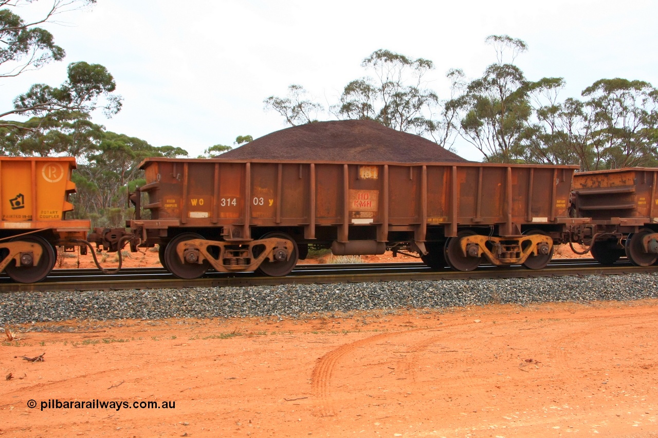 100605 9333
WO type iron ore waggon WO 31403 is one of a batch of eleven replacement waggons built by WAGR Midland Workshops between 1970 and 1971 with fleet number 181 for Koolyanobbing iron ore operations, with a 75 ton and 1018 ft³ capacity, Binduli Triangle, loaded with fines, 5th June 2010.
Keywords: WO-type;WO31403;WAGR-Midland-WS;