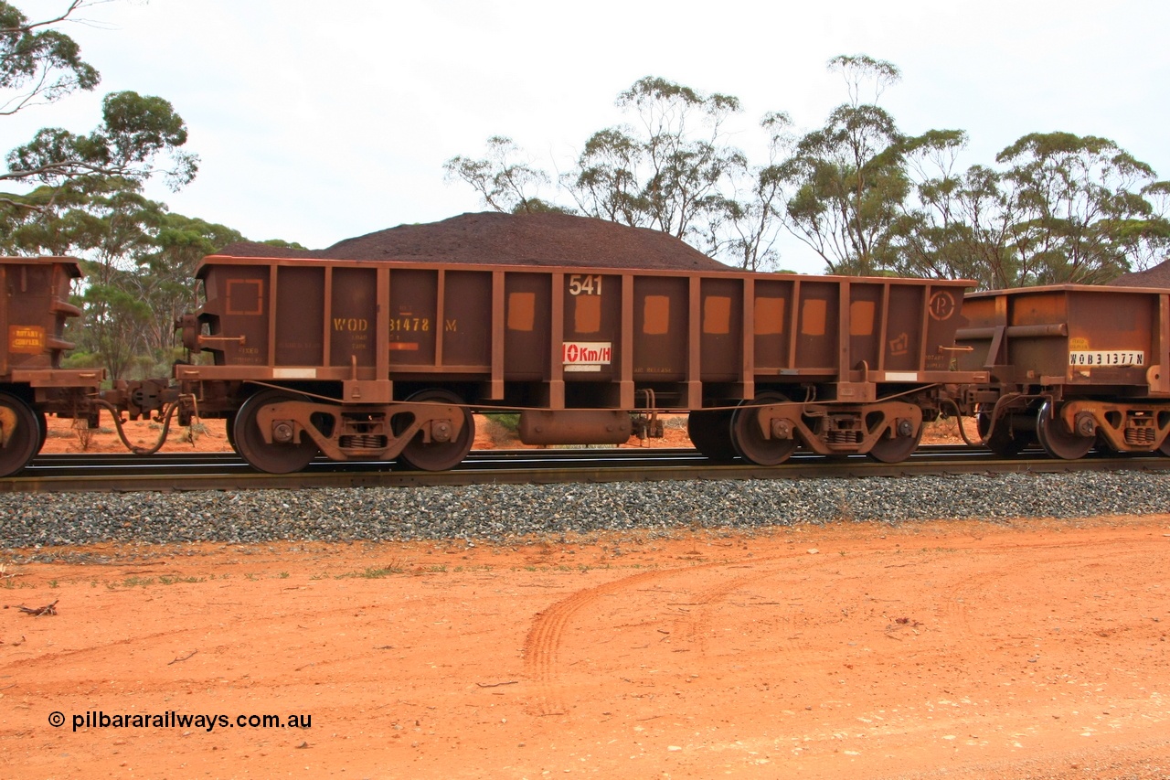 100605 9338
WOD type iron ore waggon WOD 31478 is one of a batch of sixty two built by Goninan WA between April and August 2000 with serial number 950086-050 and fleet number 541 for Koolyanobbing iron ore operations with a 75 ton capacity for Portman Mining to cart their Koolyanobbing iron ore to Esperance, now with PORTMAN painted out, Binduli Triangle, loaded with fines, 5th June 2010.
Keywords: WOD-type;WOD31478;Goninan-WA;950086-050;