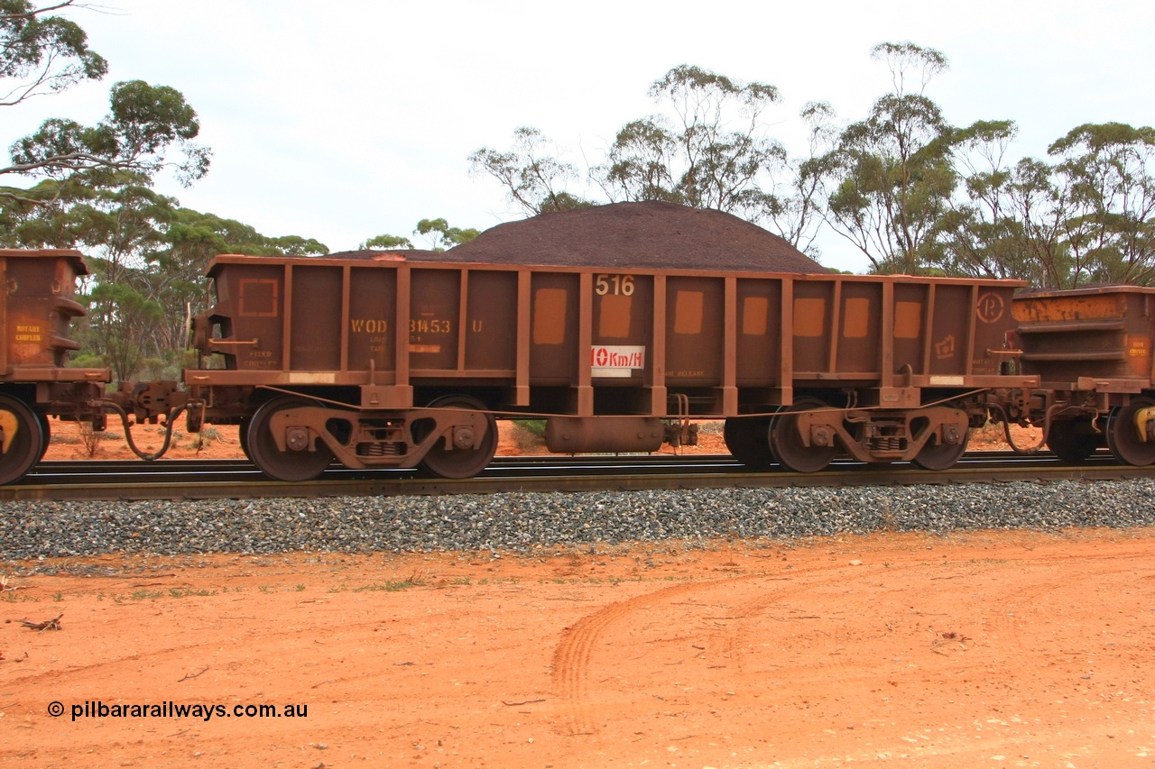 100605 9340
WOD type iron ore waggon WOD 31453 is one of a batch of sixty two built by Goninan WA between April and August 2000 with serial number 950086-025 and fleet number 516 for Koolyanobbing iron ore operations with a 75 ton capacity for Portman Mining to cart their Koolyanobbing iron ore to Esperance, now with PORTMAN painted out, Binduli Triangle, loaded with fines, 5th June 2010.
Keywords: WOD-type;WOD31453;Goninan-WA;950086-025;