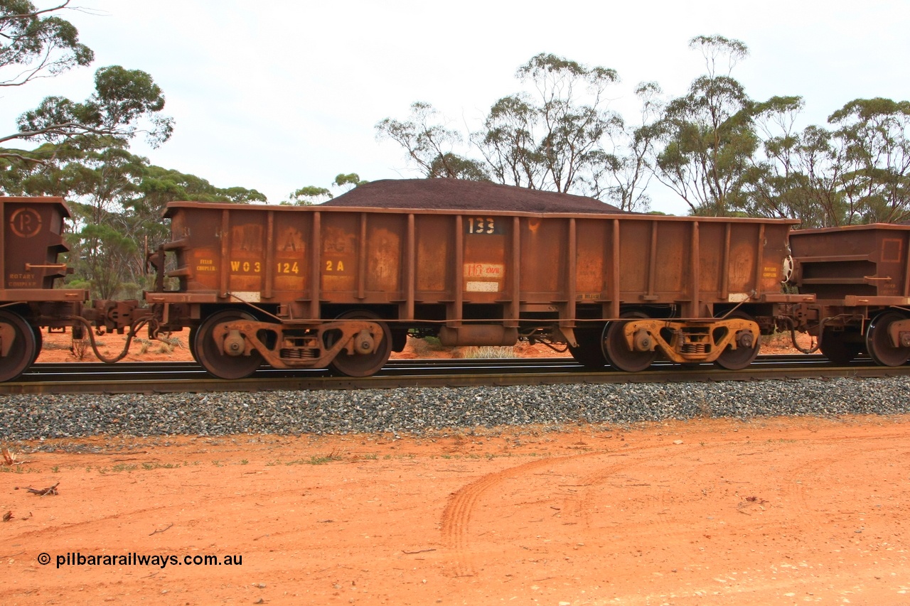 100605 9341
WO type iron ore waggon WO 31242 is one of a batch of eighty six built by WAGR Midland Workshops between 1967 and March 1968 with fleet number 133 for Koolyanobbing iron ore operations, with a 75 ton and 1018 ft³ capacity, Binduli Triangle, loaded with fines, 5th June 2010. This unit was converted to WOC for coal in 1986 till 1994 when it was re-classed back to WO.
Keywords: WO-type;WO31242;WAGR-Midland-WS;