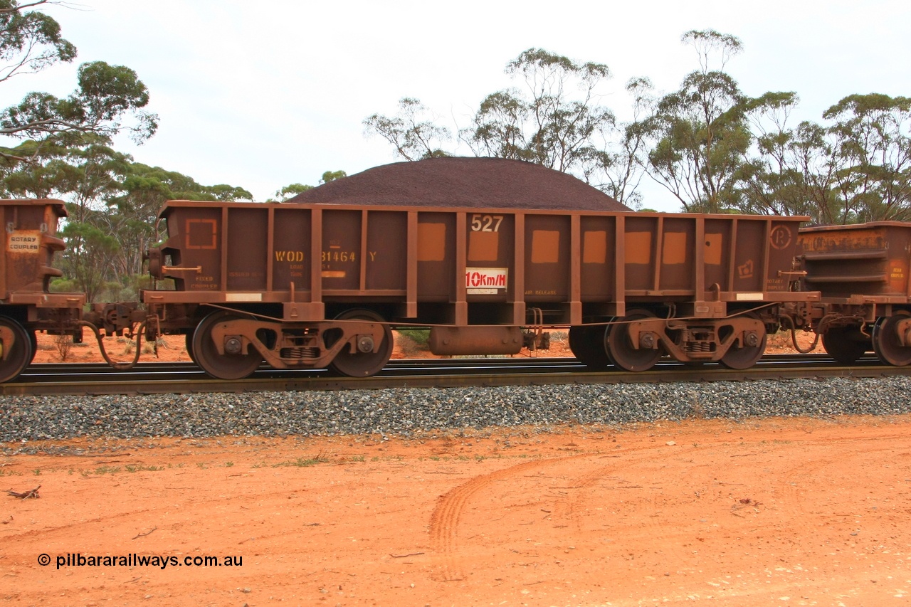 100605 9342
WOD type iron ore waggon WOD 31464 is one of a batch of sixty two built by Goninan WA between April and August 2000 with serial number 950086-036 and fleet number 527 for Koolyanobbing iron ore operations with a 75 ton capacity for Portman Mining to cart their Koolyanobbing iron ore to Esperance, now with PORTMAN painted out, Binduli Triangle, loaded with fines, 5th June 2010.
Keywords: WOD-type;WOD31464;Goninan-WA;950086-036;