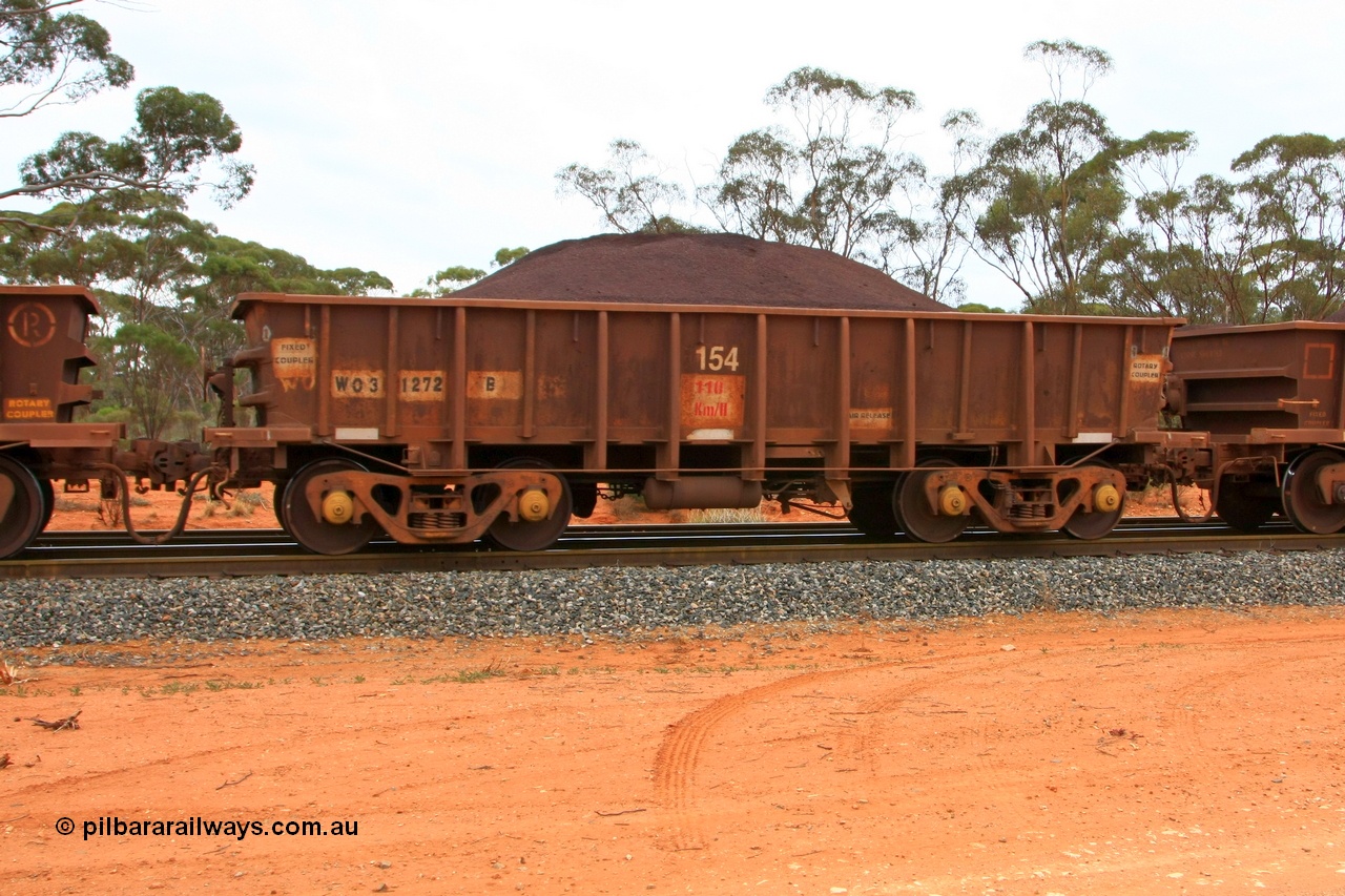 100605 9343
WO type iron ore waggon WO 31272 is one of a batch of eighty six built by WAGR Midland Workshops between 1967 and March 1968 with fleet number 154 for Koolyanobbing iron ore operations, with a 75 ton and 1018 ft³ capacity, Binduli Triangle, loaded with fines, 5th June 2010.
Keywords: WO-type;WO31272;WAGR-Midland-WS;