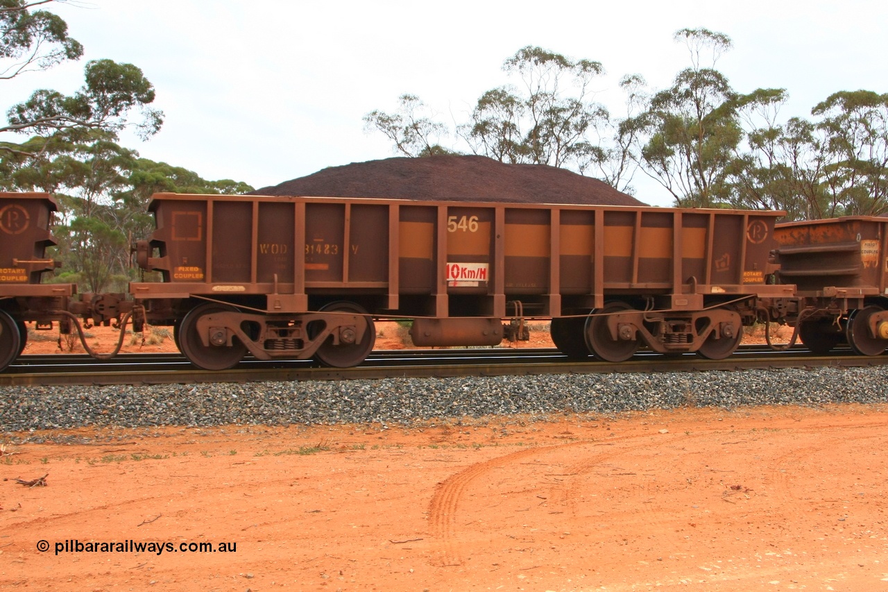 100605 9344
WOD type iron ore waggon WOD 31483 is one of a batch of sixty two built by Goninan WA between April and August 2000 with serial number 950086-055 and fleet number 546 for Koolyanobbing iron ore operations with a 75 ton capacity for Portman Mining to cart their Koolyanobbing iron ore to Esperance, now with PORTMAN painted out, Binduli Triangle, loaded with fines, 5th June 2010.
Keywords: WOD-type;WOD31483;Goninan-WA;950086-055;