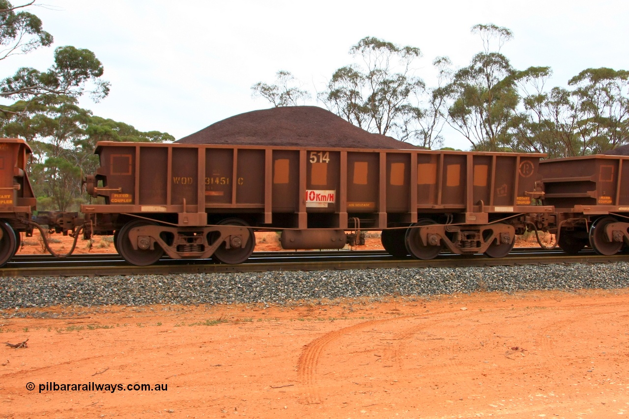 100605 9345
WOD type iron ore waggon WOD 31451 is one of a batch of sixty two built by Goninan WA between April and August 2000 with serial number 950086-023 and fleet number 514 for Koolyanobbing iron ore operations with a 75 ton capacity for Portman Mining to cart their Koolyanobbing iron ore to Esperance, now with PORTMAN painted out, Binduli Triangle, loaded with fines, 5th June 2010.
Keywords: WOD-type;WOD31451;Goninan-WA;950086-023;