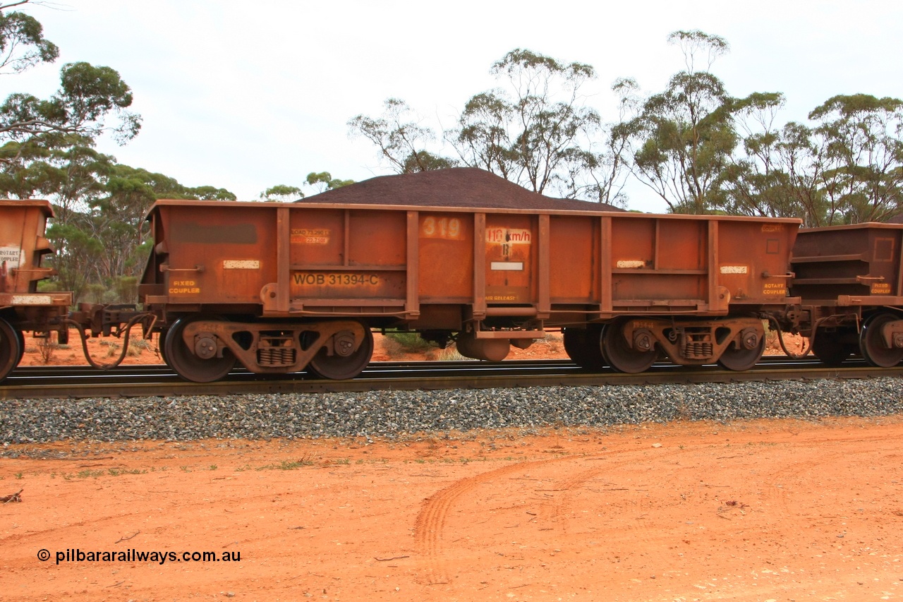 100605 9346
WOB type iron ore waggon WOB 31394 is one of a batch of twenty five built by Comeng WA between 1974 and 1975 and converted from Mt Newman high sided waggons by WAGR Midland Workshops with a capacity of 67 tons with fleet number 319 for Koolyanobbing iron ore operations, Binduli Triangle, loaded with fines, 5th June 2010.
Keywords: WOB-type;WOB31394;Comeng-WA;WSM-type;Mt-Newman-Mining;