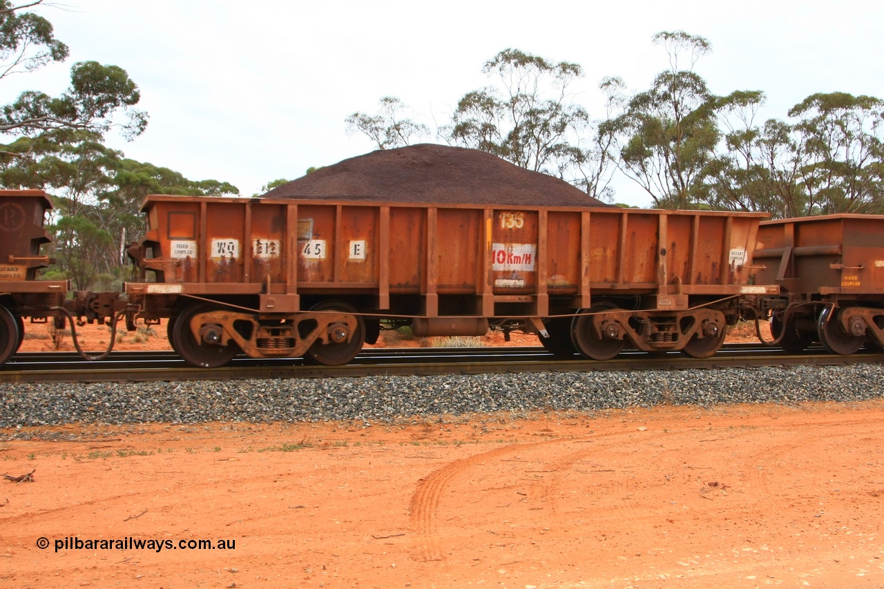 100605 9347
WO type iron ore waggon WO 31245 is one of a batch of sixty two built by Goninan WA between April and August 2000 with serial number 950086-007 and fleet number 136 for Koolyanobbing iron ore operations, and is a Goninan built replacement WO type waggon that replaces the original WAGR built WO type waggon with the newer style WOD type and has square features opposed to the curved ones as on the original WO class, Binduli Triangle, loaded with fines, 5th June 2010.
Keywords: WO-type;WO31245;Goninan-WA;950086-007;
