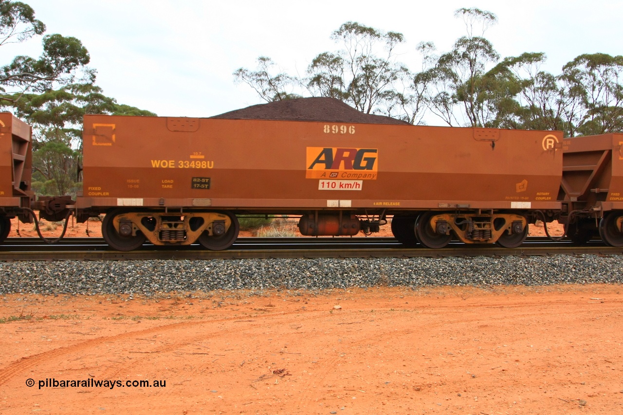 100605 9353
WOE type iron ore waggon WOE 33498 is one of a batch of one hundred and twenty eight built by United Group Rail WA between August 2008 and March 2009 with serial number 950211-038 and fleet number 8996 for Koolyanobbing iron ore operations, with ARG decal, build date of 10/2008 and revised load of 82.5 tonnes, seen here Binduli Triangle 5th June 2010.
Keywords: WOE-type;WOE33498;United-Group-Rail-WA;950211-038;