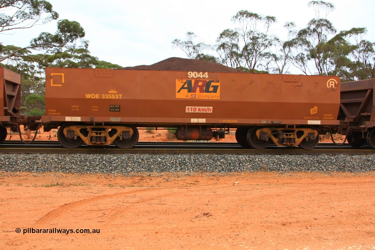 100605 9355
WOE type iron ore waggon WOE 33553 is one of a batch of one hundred and twenty eight built by United Group Rail WA between August 2008 and March 2009 with serial number 950211-093 and fleet number 9044 for Koolyanobbing iron ore operations, seen here Binduli Triangle 5th June 2010.
Keywords: WOE-type;WOE33553;United-Group-Rail-WA;950211-093;