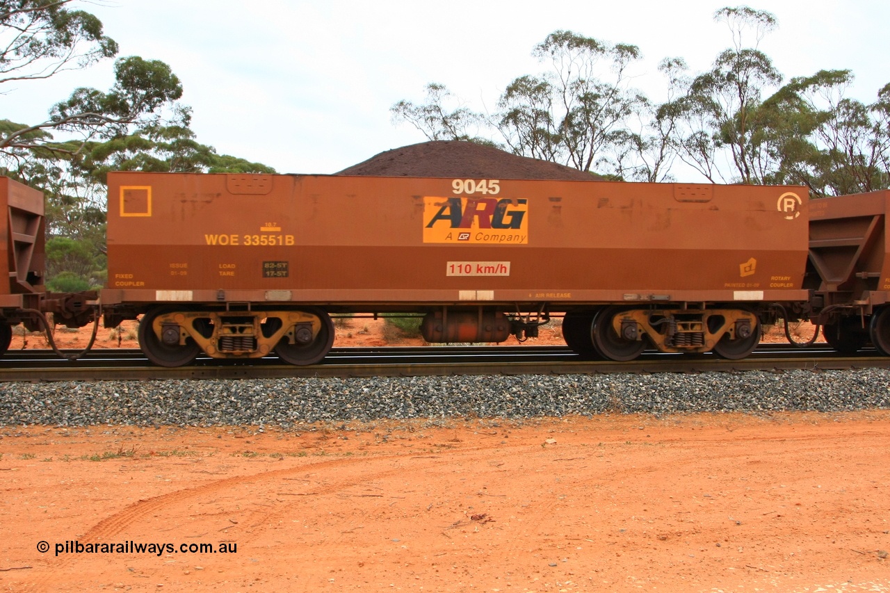 100605 9356
WOE type iron ore waggon WOE 33551 is one of a batch of one hundred and twenty eight built by United Group Rail WA between August 2008 and March 2009 with serial number 950211-091 and fleet number 9045 for Koolyanobbing iron ore operations, seen here Binduli Triangle 5th June 2010.
Keywords: WOE-type;WOE33551;United-Group-Rail-WA;950211-091;