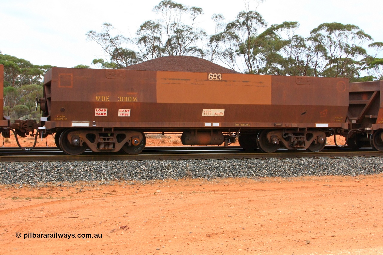 100605 9357
WOE type iron ore waggon WOE 31110 is one of a batch of one hundred and thirty built by Goninan WA between March and August 2001 with serial number 950092-100 and fleet number 693 for Koolyanobbing iron ore operations, seen here Binduli Triangle 5th June 2010.
Keywords: WOE-type;WOE31110;Goninan-WA;950092-100;