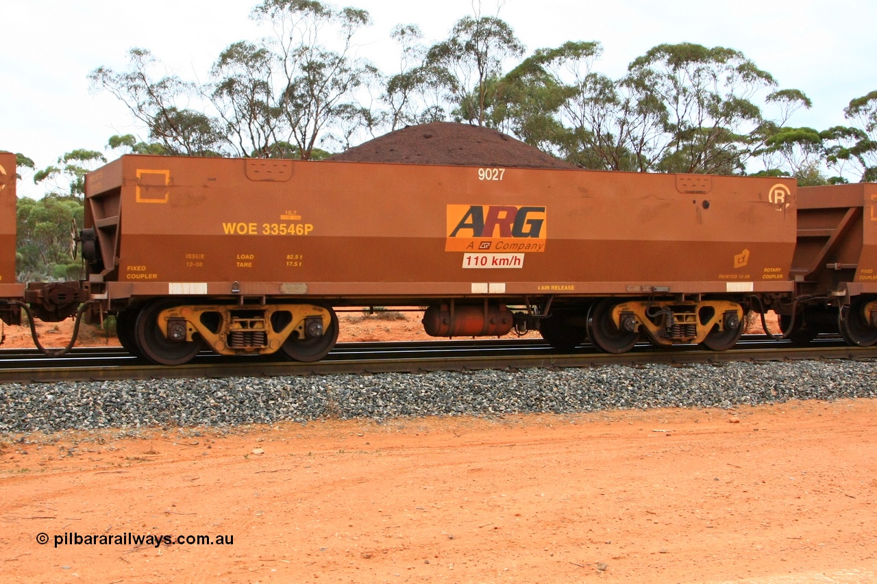 100605 9358
WOE type iron ore waggon WOE 33546 is one of a batch of one hundred and twenty eight built by United Group Rail WA between August 2008 and March 2009 with serial number 950211-086 and fleet number 9027 for Koolyanobbing iron ore operations, seen here Binduli Triangle 5th June 2010.
Keywords: WOE-type;WOE33546;United-Group-Rail-WA;950211-086;