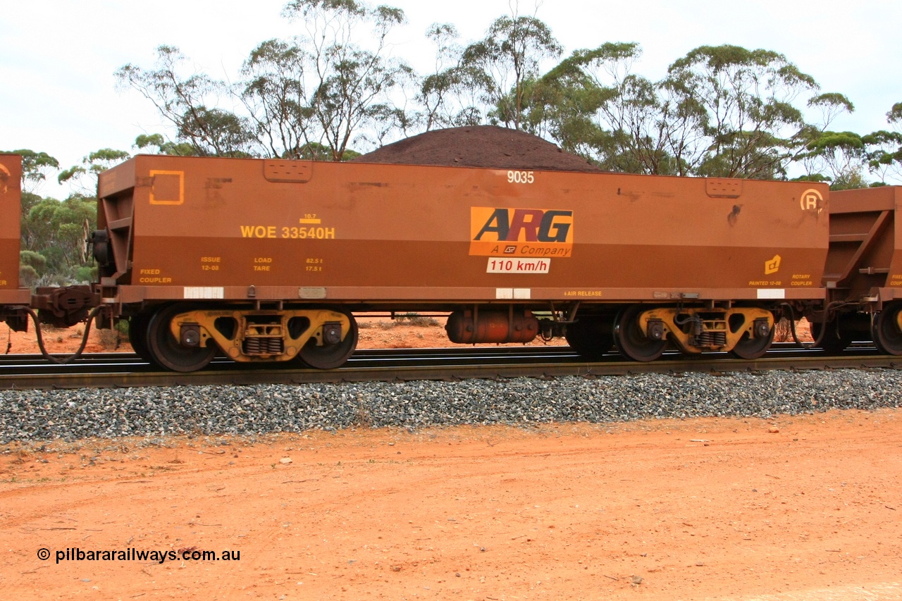 100605 9359
WOE type iron ore waggon WOE 33540 is one of a batch of one hundred and twenty eight built by United Group Rail WA between August 2008 and March 2009 with serial number 950211-080 and fleet number 9035 for Koolyanobbing iron ore operations, seen here Binduli Triangle 5th June 2010.
Keywords: WOE-type;WOE33540;United-Group-Rail-WA;950211-080;