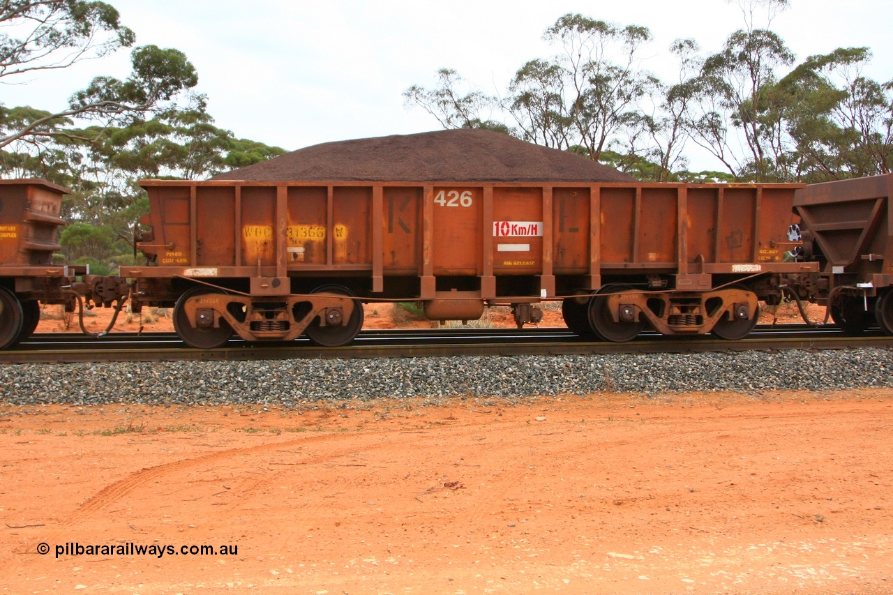 100605 9360
WOC type iron ore waggon WOC 31366 is one of a batch of thirty built by Goninan WA between October 1997 to January 1998 with fleet number 426 for Koolyanobbing iron ore operations with a 75 ton capacity and lettered for KIPL, Koolyanobbing Iron Pty Ltd with the I and P panted over, Binduli Triangle 5th June 2010.
Keywords: WOC-type;WOC31366;Goninan-WA;