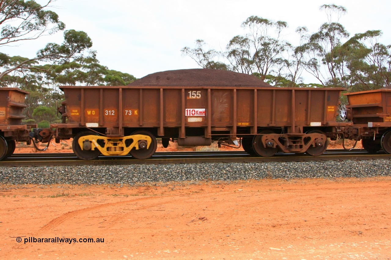 100605 9361
WO type iron ore waggon WO 31273 is one of a batch of eighty six built by WAGR Midland Workshops between 1967 and March 1968 with fleet number 155 for Koolyanobbing iron ore operations, with a 75 ton and 1018 ft³ capacity, Binduli Triangle, loaded with fines, 5th June 2010. This unit was converted to WOC for coal in 1986 till 1994 when it was re-classed back to WO.
Keywords: WO-type;WO31273;WAGR-Midland-WS;