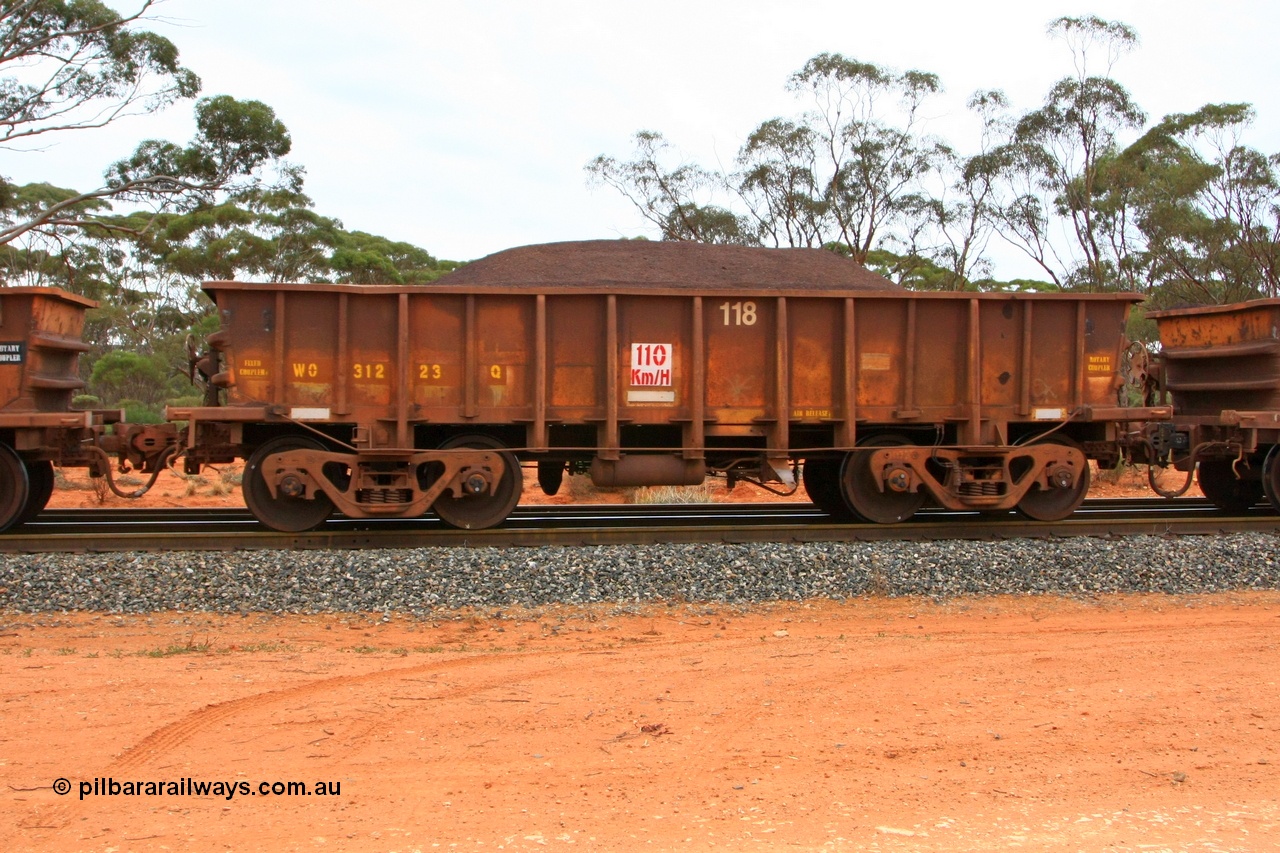 100605 9363
WO type iron ore waggon WO 31223 is one of a batch of eighty six built by WAGR Midland Workshops between 1967 and March 1968 with fleet number 118 for Koolyanobbing iron ore operations, with a 75 ton and 1018 ft³ capacity, Binduli Triangle, loaded with fines, 5th June 2010. This unit was converted to WOC for coal in 1986 till 1994 when it was re-classed back to WO.
Keywords: WO-type;WO31223;WAGR-Midland-WS;