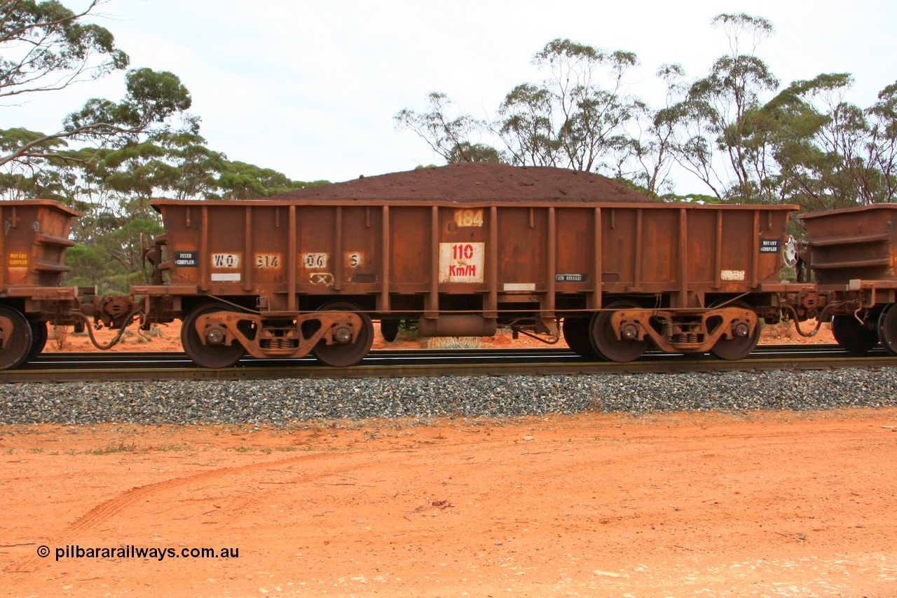 100605 9364
WO type iron ore waggon WO 31406 is one of a batch of eleven replacement waggons built by WAGR Midland Workshops between 1970 and 1971 with fleet number 184 for Koolyanobbing iron ore operations, with a 75 ton and 1018 ft³ capacity, Binduli Triangle, loaded with fines, 5th June 2010.
Keywords: WO-type;WO31406;WAGR-Midland-WS;