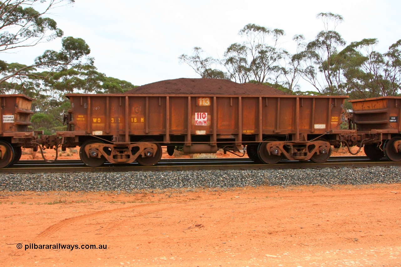 100605 9365
WO type iron ore waggon WO 31218 is one of a batch of eighty six built by WAGR Midland Workshops between 1967 and March 1968 with fleet number 113 for Koolyanobbing iron ore operations, with a 75 ton and 1018 ft³ capacity, Binduli Triangle, loaded with fines, 5th June 2010. This unit was converted to WOS superphosphate in the late 1980s till 1994 when it was re-classed back to WO.
Keywords: WO-type;WO31218;WAGR-Midland-WS;WOS-type;