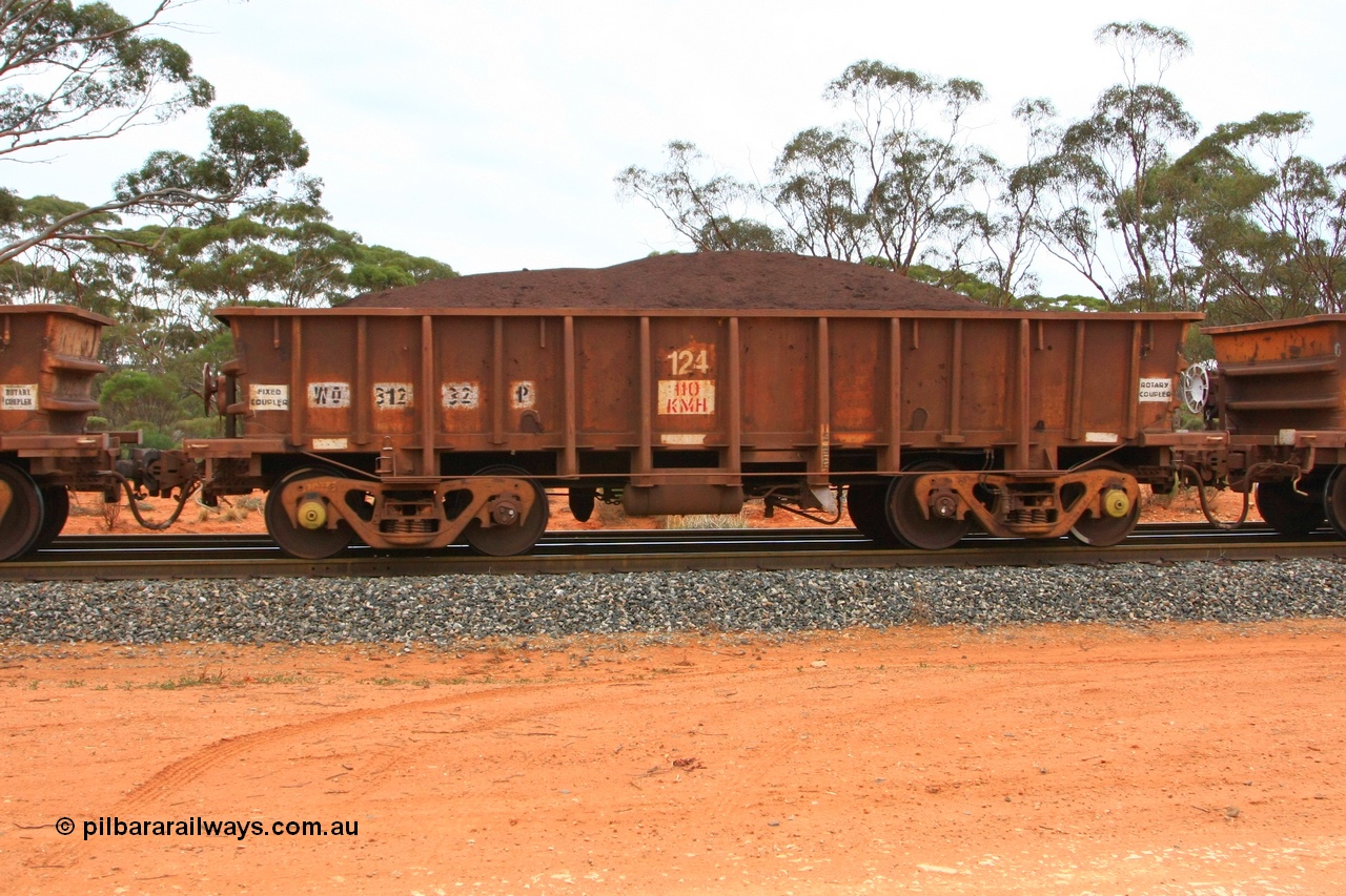 100605 9366
WO type iron ore waggon WO 31232 is one of a batch of eighty six built by WAGR Midland Workshops between 1967 and March 1968 with fleet number 124 for Koolyanobbing iron ore operations, with a 75 ton and 1018 ft³ capacity, Binduli Triangle, loaded with fines, 5th June 2010. This unit was converted to WOS superphosphate in the late 1980s till 1994 when it was re-classed back to WO.
Keywords: WO-type;WO31232;WAGR-Midland-WS;WOS-type;