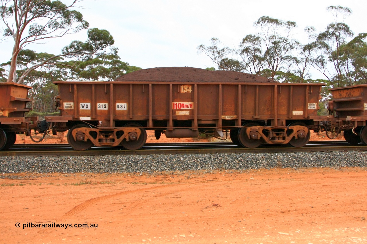 100605 9367
WO type iron ore waggon WO 31243 is one of a batch of eighty six built by WAGR Midland Workshops between 1967 and March 1968 with fleet number 134 for Koolyanobbing iron ore operations, with a 75 ton and 1018 ft³ capacity, Binduli Triangle, loaded with fines, 5th June 2010. This unit was converted to WOS superphosphate in the late 1980s till 1994 when it was re-classed back to WO.
Keywords: WO-type;WO31243;WAGR-Midland-WS;WOS-type;