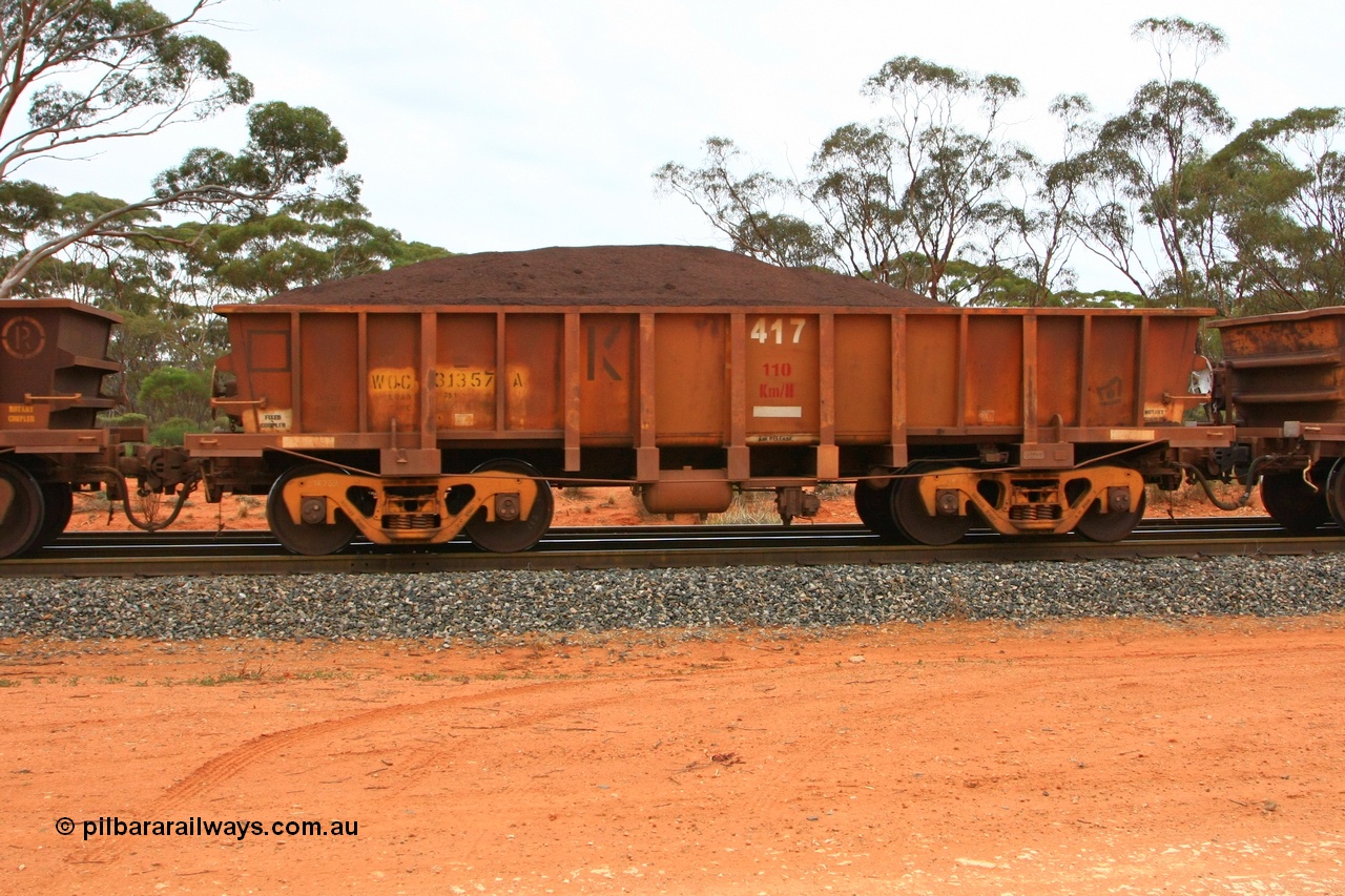 100605 9368
WOC type iron ore waggon WOC 31357 is one of a batch of thirty built by Goninan WA between October 1997 to January 1998 with fleet number 417 for Koolyanobbing iron ore operations with a 75 ton capacity and lettered for KIPL, Koolyanobbing Iron Pty Ltd with only the K left, Binduli Triangle loaded with fines, 5th June 2010.
Keywords: WOC-type;WOC31357;Goninan-WA;