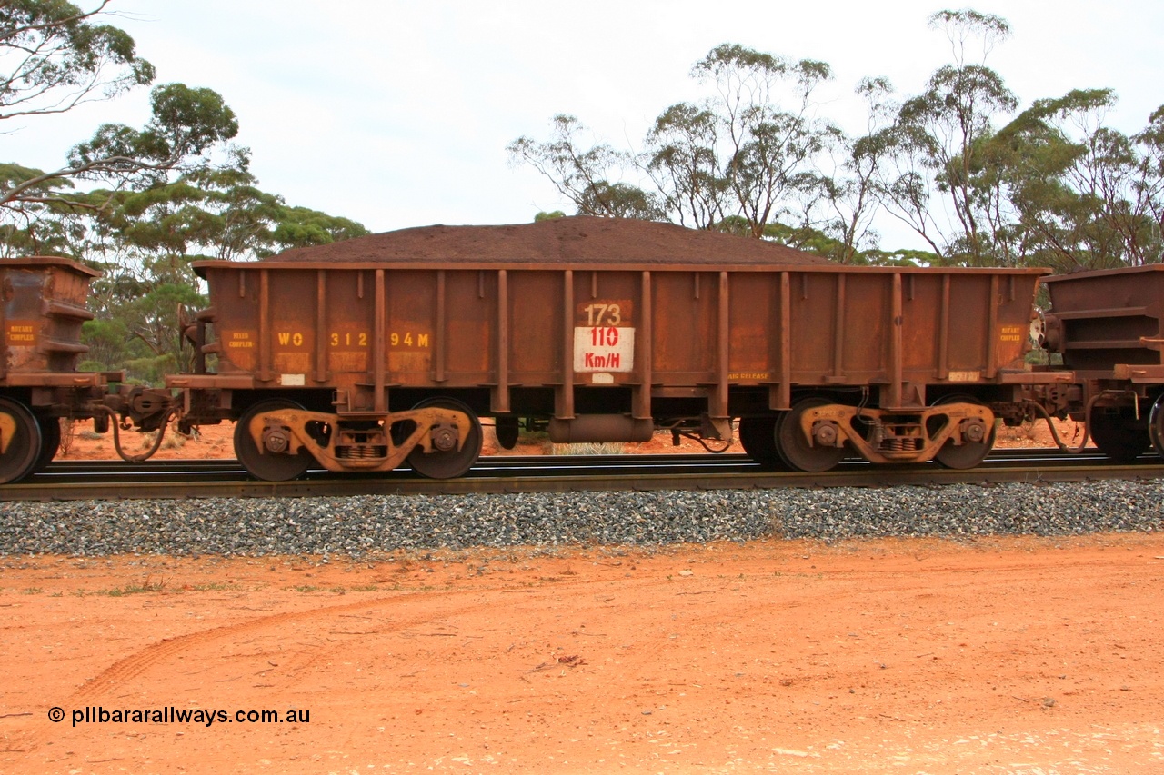 100605 9370
WO type iron ore waggon WO 31294 is one of a batch of fifteen built by WAGR Midland Workshops between July and October 1968 with fleet number for Koolyanobbing iron ore operations, with a 75 ton and 1018 ft³ capacity, Binduli Triangle, loaded with fines, 5th June 2010.
Keywords: WO-type;WO31294;WAGR-Midland-WS;