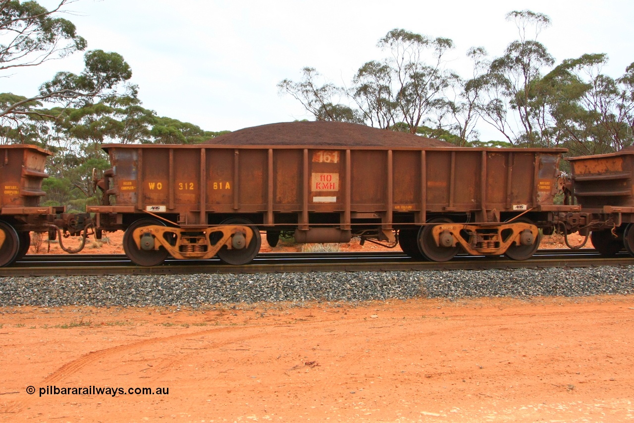 100605 9371
WO type iron ore waggon WO 31281 is one of a batch of eighty six built by WAGR Midland Workshops between 1967 and March 1968 with fleet number 161 for Koolyanobbing iron ore operations, with a 75 ton and 1018 ft³ capacity, Binduli Triangle, loaded with fines, 5th June 2010. This unit was converted to WOC for coal in 1986 till 1994 when it was re-classed back to WO.
Keywords: WO-type;WO31281;WAGR-Midland-WS;
