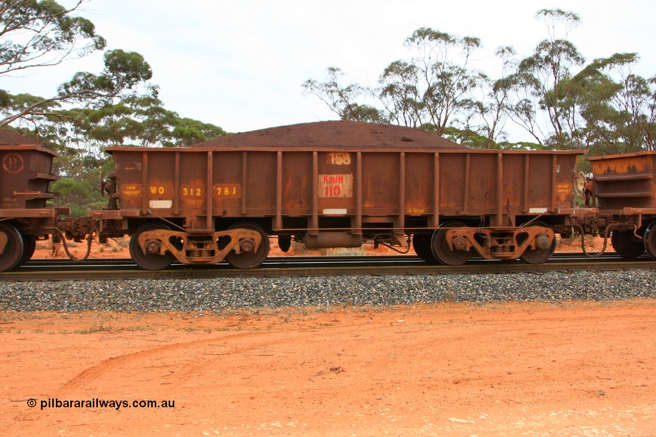 100605 9373
WO type iron ore waggon WO 31278 is one of a batch of eighty six built by WAGR Midland Workshops between 1967 and March 1968 with fleet number 158 for Koolyanobbing iron ore operations, with a 75 ton and 1018 ft³ capacity, Binduli Triangle, loaded with fines, 5th June 2010. This unit was converted to WOC for coal in 1986 till 1994 when it was re-classed back to WO.
Keywords: WO-type;WO31278;WAGR-Midland-WS;