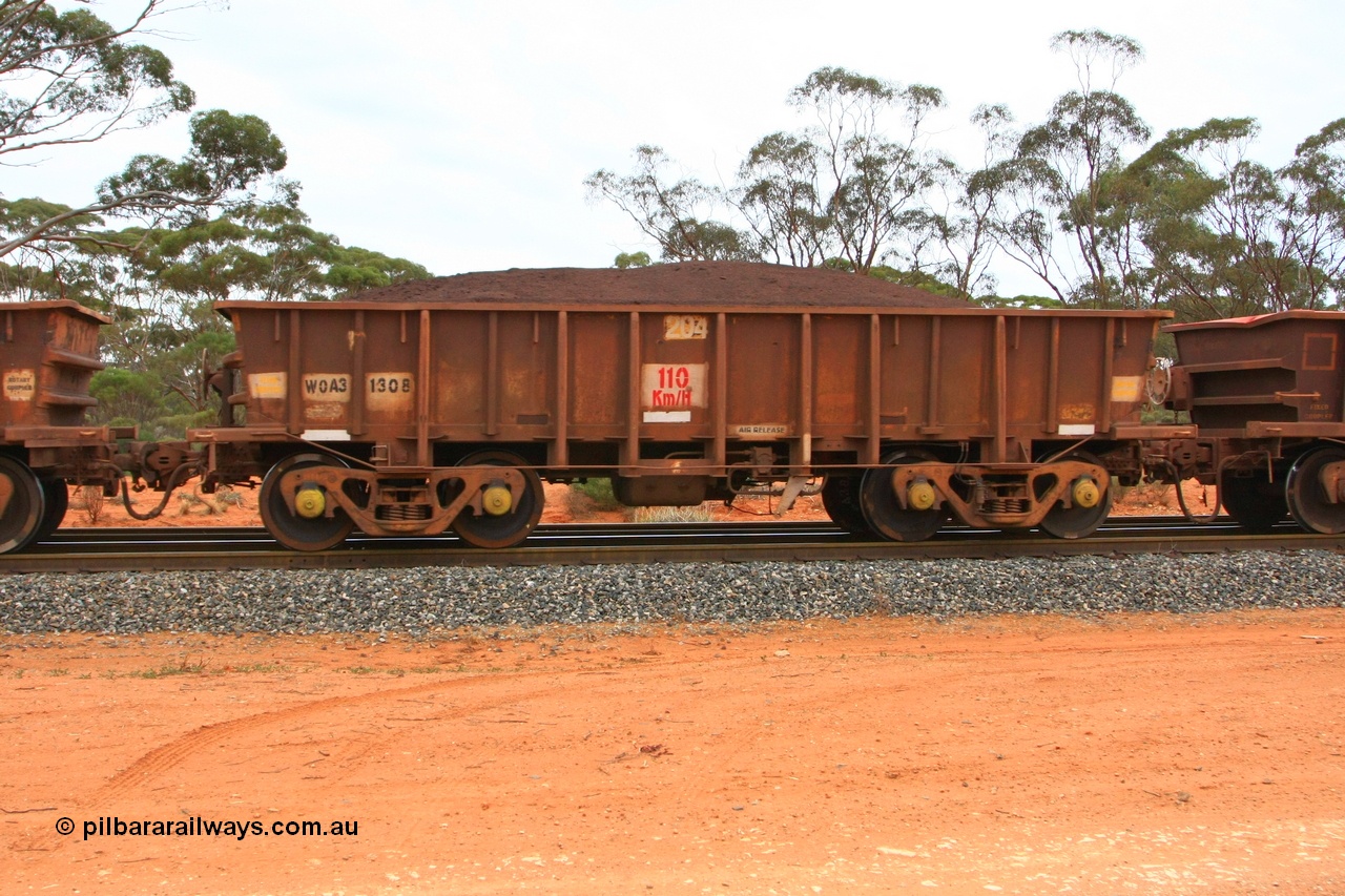 100605 9375
WOA type iron ore waggon WOA 31308 is one of a batch of thirty nine built by WAGR Midland Workshops between 1970 and 1971 with fleet number for Koolyanobbing iron ore operations, with a 75 ton and 1018 ft³ capacity, Binduli Triangle, loaded with fines, 5th June 2010.
Keywords: WOA-type;WOA31308;WAGR-Midland-WS;