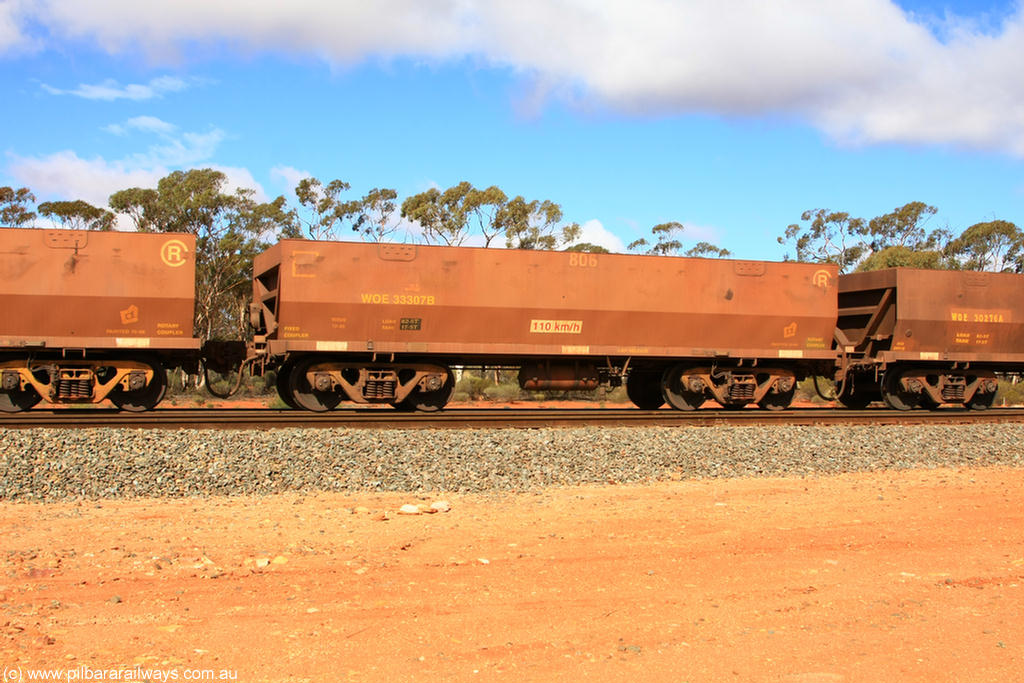 100729 01485
WOE type iron ore waggon WOE 33307 is one of a batch of one hundred and forty one built by United Goninan WA between November 2005 and April 2006 with serial number 950142-012 and fleet number 806 for Koolyanobbing iron ore operations with the revised down load of 82.5 tonnes, in a loaded train at Binduli 27th July 2010.
Keywords: WOE-type;WOE33307;United-Goninan-WA;950142-012;