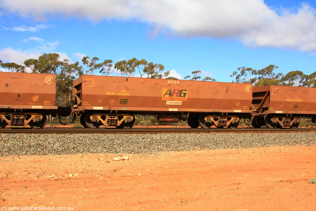 100729 01486
WOE type iron ore waggon WOE 33502 is one of a batch of one hundred and twenty eight built by United Group Rail WA between August 2008 and March 2009 with serial number 950211-042 and fleet number 8994 for Koolyanobbing iron ore operations, with ARG decal, build date of 10/2008 and revised load of 82.5 tonnes, Binduli 29th July 2010.
Keywords: WOE-type;WOE33502;United-Group-Rail-WA;950211-042;