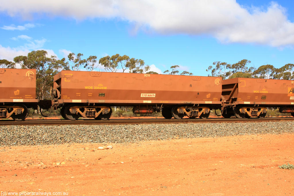100729 01487
WOE type iron ore waggon WOE 33526 is one of a batch of one hundred and twenty eight built by United Group Rail WA between August 2008 and March 2009 with serial number 950211-066 and fleet number 9014 for Koolyanobbing iron ore operations, Binduli 29th July 2010.
Keywords: WOE-type;WOE33526;United-Group-Rail-WA;950211-066;