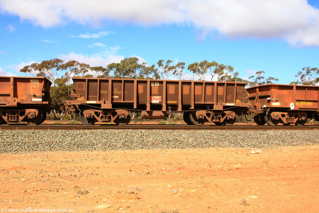 100729 01489
WOD type iron ore waggon WOD 31456 is one of a batch of sixty two built by Goninan WA between April and August 2000 with serial number 950086-028 and fleet number 519 for Koolyanobbing iron ore operations with a 75 ton capacity for Portman Mining to cart their Koolyanobbing iron ore to Esperance, PORTMAN has been painted out, Binduli, 29th July 2010.
Keywords: WOD-type;WOD31456;Goninan-WA;950086-028;