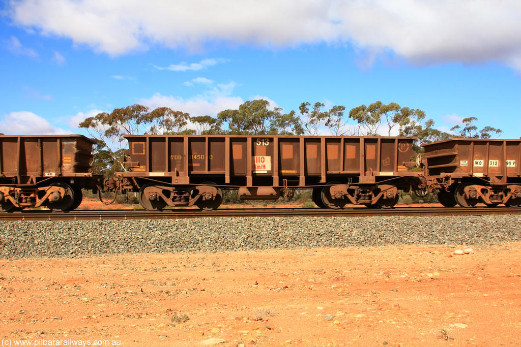 100729 01492
WOD type iron ore waggon WOD 31450 is one of a batch of sixty two built by Goninan WA between April and August 2000 with serial number 950086-022 and fleet number 513 for Koolyanobbing iron ore operations with a 75 ton capacity for Portman Mining to cart their Koolyanobbing iron ore to Esperance. Seen here on an empty train with PORTMAN painted out, Binduli Triangle, empty train 29th July 2010.
Keywords: WOD-type;WOD31450;Goninan-WA;950086-022;