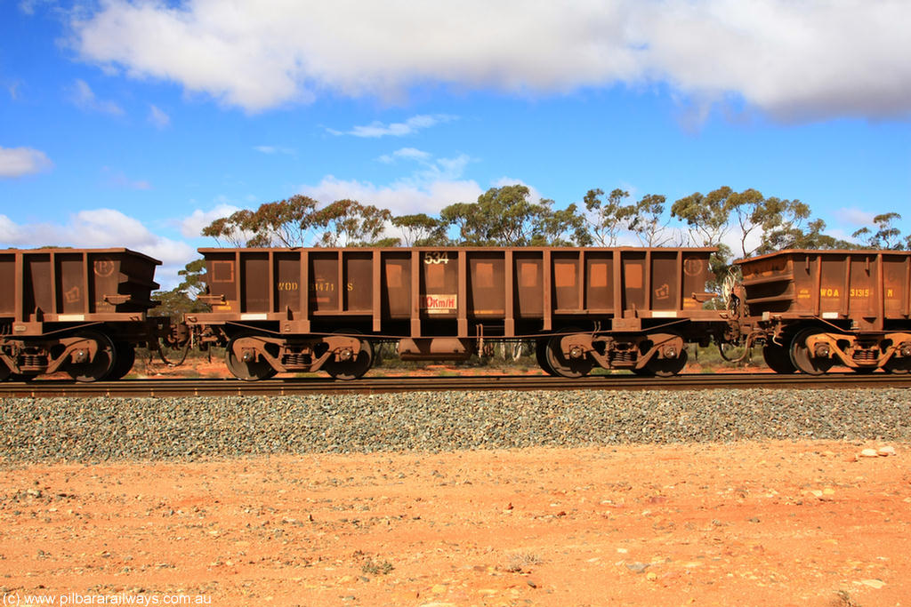 100729 01495
WOD type iron ore waggon WOD 31471 is one of a batch of sixty two built by Goninan WA between April and August 2000 with serial number 950086-043 and fleet number 534 for Koolyanobbing iron ore operations with a 75 ton capacity for Portman Mining to cart their Koolyanobbing iron ore to Esperance, now with PORTMAN painted out, Binduli Triangle, 29th July 2010.
Keywords: WOD-type;WOD31471;Goninan-WA;950086-043;