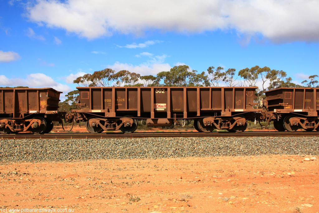 100729 01496
WOD type iron ore waggon WOD 31324 is one of a batch of sixty two built by Goninan WA between April and August 2000 with serial number 950086-012 and fleet number 502 for Koolyanobbing iron ore operations with a 75 ton capacity and a replacement for a WO type waggon number, for Portman Mining to cart their Koolyanobbing iron ore to Esperance, Binduli Triangle, 29th July 2010.
Keywords: WOD-type;WOD31324;Goninan-WA;950086-012;