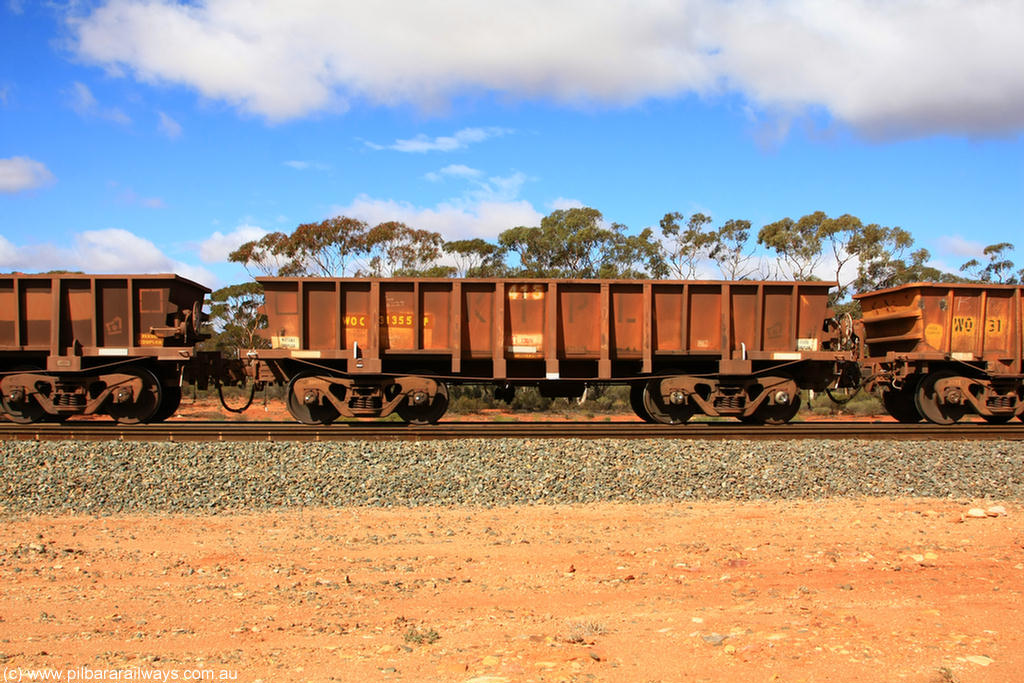 100729 01499
WOC type iron ore waggon WOC 31355 is one of a batch of thirty built by Goninan WA between October 1997 to January 1998 with fleet number 415 for Koolyanobbing iron ore operations with a 75 ton capacity and lettered for KIPL, Koolyanobbing Iron Pty Ltd, at Binduli Triangle, 29th July 2010.
Keywords: WOC-type;WOC31355;Goninan-WA;