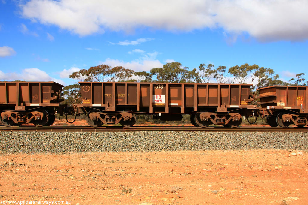 100729 01500
WOD type iron ore waggon WOD 31455 is one of a batch of sixty two built by Goninan WA between April and August 2000 with serial number 950086-027 and fleet number 518 for Koolyanobbing iron ore operations with a 75 ton capacity for Portman Mining to cart their Koolyanobbing iron ore to Esperance, now with PORTMAN painted out, Binduli Triangle, 29th July 2010.
Keywords: WOD-type;WOD31455;Goninan-WA;950086-027;