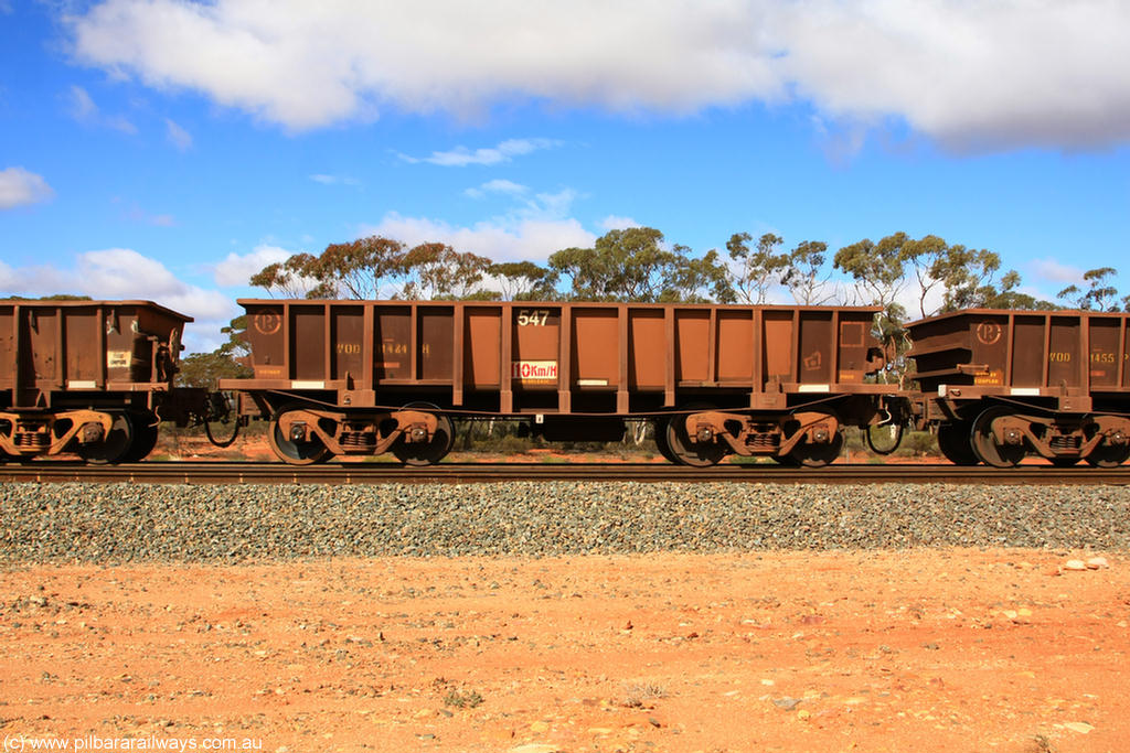 100729 01501
WOD type iron ore waggon WOD 31484 is one of a batch of sixty two built by Goninan WA between April and August 2000 with serial number 950086-056 and fleet number 547 for Koolyanobbing iron ore operations with a 75 ton capacity build date 07/2000, for Portman Mining to cart their Koolyanobbing iron ore to Esperance, now with PORTMAN painted out, Binduli Triangle, 29th July 2010.
Keywords: WOD-type;WOD31484;Goninan-WA;950086-056;