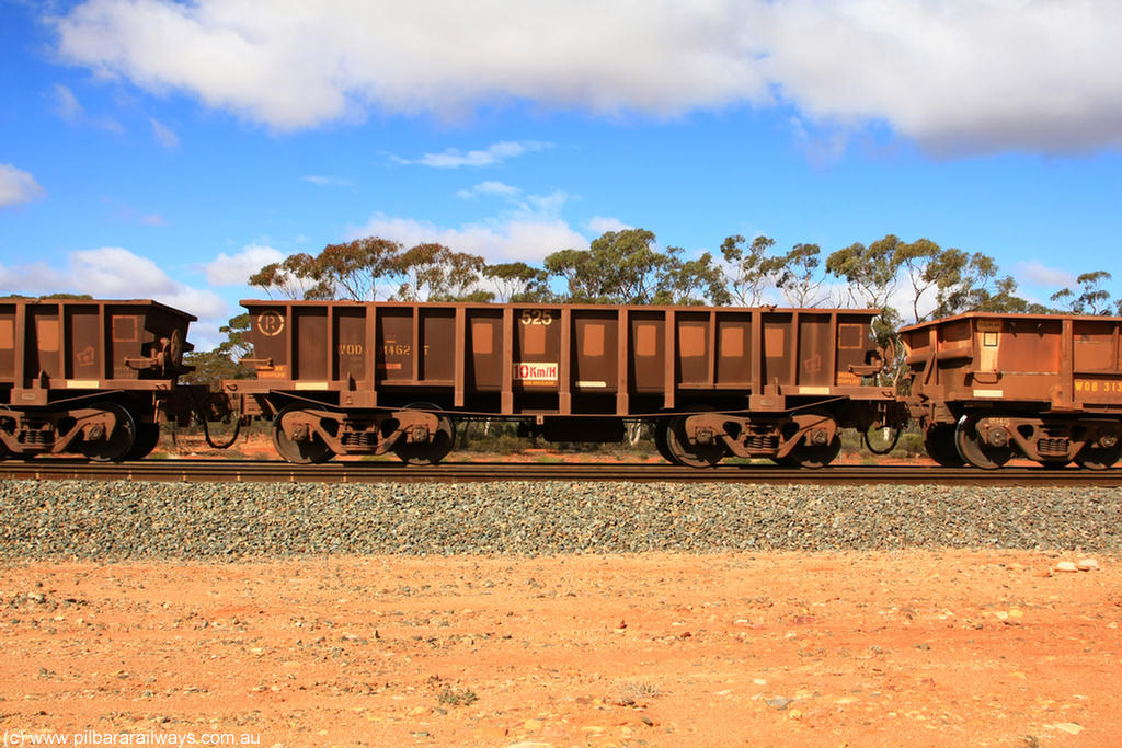 100729 01505
WOD type iron ore waggon WOD 31462 is one of a batch of sixty two built by Goninan WA between April and August 2000 with serial number 950086-034 and fleet number 525 for Koolyanobbing iron ore operations with a 75 ton capacity for Portman Mining to cart their Koolyanobbing iron ore to Esperance, now with PORTMAN painted out, Binduli Triangle, 29th July 2010.
Keywords: WOD-type;WOD31462;Goninan-WA;950086-034;