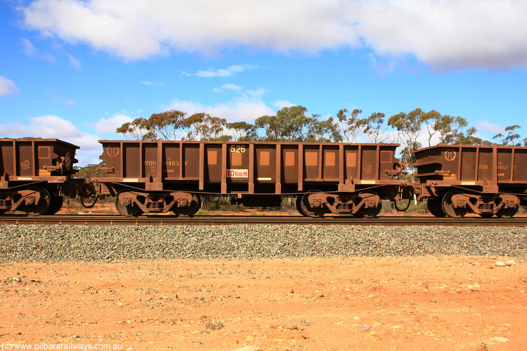 100729 01506
WOD type iron ore waggon WOD 31463 is one of a batch of sixty two built by Goninan WA between April and August 2000 with serial number 950086-035 and fleet number 526 for Koolyanobbing iron ore operations with a 75 ton capacity for Portman Mining to cart their Koolyanobbing iron ore to Esperance, now with PORTMAN painted out, Binduli Triangle, 29th July 2010.
Keywords: WOD-type;WOD31463;Goninan-WA;950086-035;
