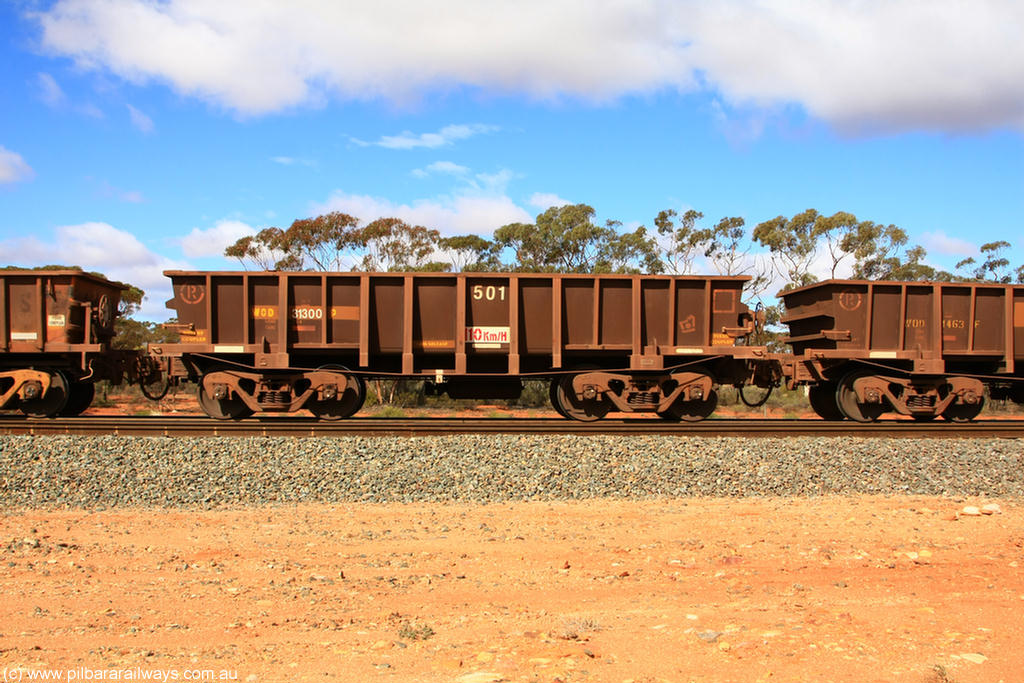 100729 01507
WOD type iron ore waggon WOD 31300 is one of a batch of sixty two built by Goninan WA between April and August 2000 with serial number 950086-011 and fleet number 501 for Koolyanobbing iron ore operations with a 75 ton capacity and a replacement for a WO type waggon number, for Portman Mining to cart their Koolyanobbing iron ore to Esperance, Binduli, 29th July 2010.
Keywords: WOD-type;WOD31300;Goninan-WA;950086-011;