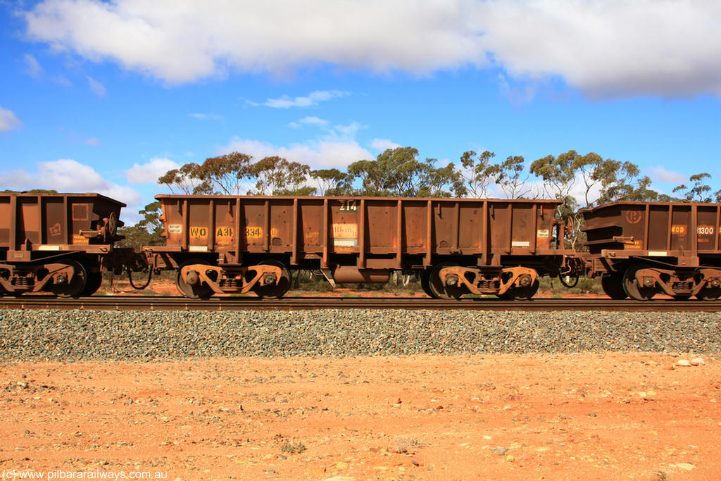 100729 01508
WOA type iron ore waggon WOA 31334 is one of a batch of thirty nine built by WAGR Midland Workshops between 1970 and 1971 with fleet number 214 for Koolyanobbing iron ore operations, with a 75 ton and 1018 ft³ capacity, at Binduli Triangle, 29th July 2010.
Keywords: WOA-type;WOA31334;WAGR-Midland-WS;