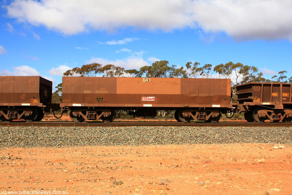 100729 01510
WOE type iron ore waggon WOE 30300 is one of a batch of one hundred and thirty built by Goninan WA between March and August 2001 with serial number 950092-050 and fleet number 641 for Koolyanobbing iron ore operations. Binduli Triangle 29th July 2010.
Keywords: WOE-type;WOE30300;Goninan-WA;950092-050;