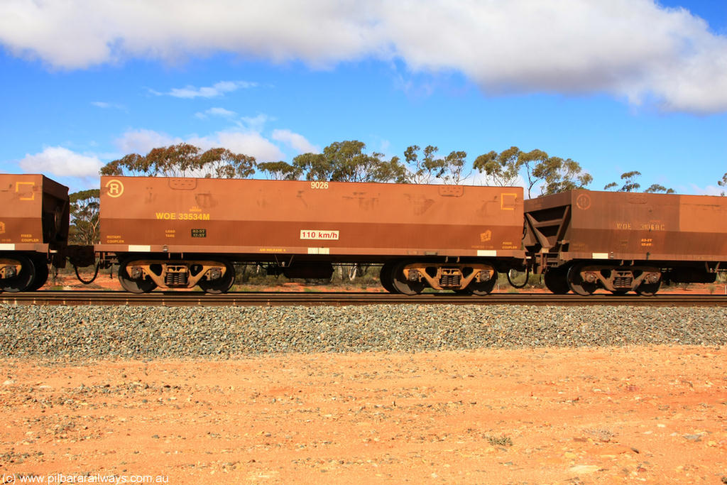 100729 01512
WOE type iron ore waggon WOE 33534 is one of a batch of one hundred and twenty eight built by United Group Rail WA between August 2008 and March 2009 with serial number 950211-074 and fleet number 9026 for Koolyanobbing iron ore operations, Binduli 29th July 2010.
Keywords: WOE-type;WOE33534;United-Group-Rail-WA;950211-074;