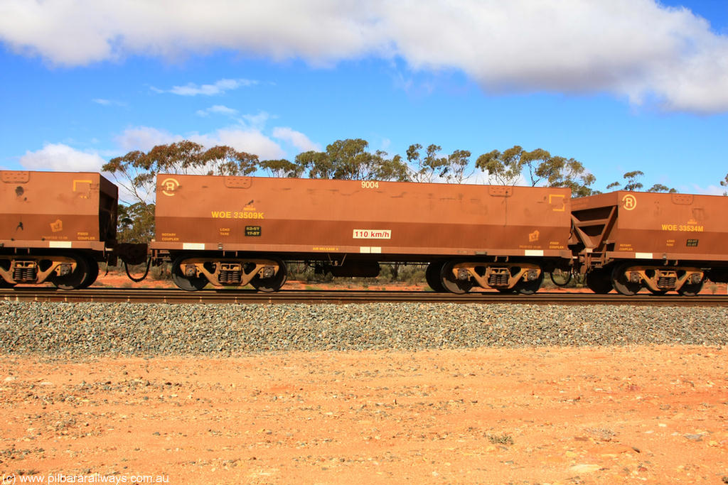 100729 01513
WOE type iron ore waggon WOE 33509 is one of a batch of one hundred and twenty eight built by United Group Rail WA between August 2008 and March 2009 with serial number 950211-049 and fleet number 9004 for Koolyanobbing iron ore operations, Binduli 29th July 2010.
Keywords: WOE-type;WOE33509;United-Group-Rail-WA;950211-049;