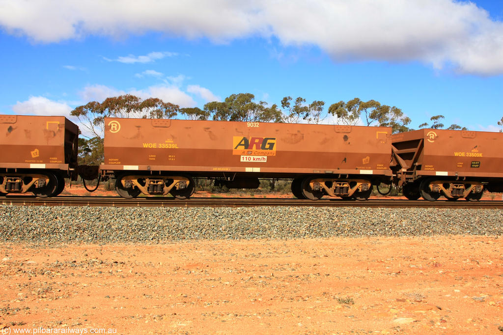 100729 01514
WOE type iron ore waggon WOE 33539 is one of a batch of one hundred and twenty eight built by United Group Rail WA between August 2008 and March 2009 with serial number 950211-079 and fleet number 9032 for Koolyanobbing iron ore operations, seen here Binduli Triangle 29th July 2010.
Keywords: WOE-type;WOE33539;United-Group-Rail-WA;950211-079;