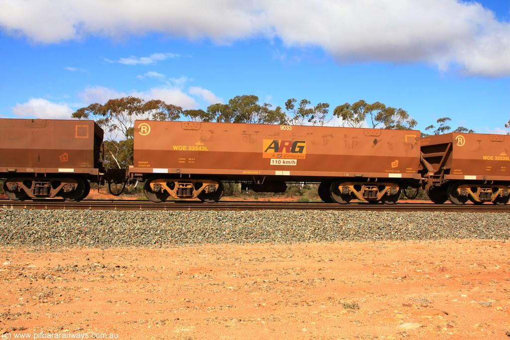 100729 01515
WOE type iron ore waggon WOE 33543 is one of a batch of one hundred and twenty eight built by United Group Rail WA between August 2008 and March 2009 with serial number 950211-083 and fleet number 9033 for Koolyanobbing iron ore operations, seen here Binduli Triangle 29th July 2010.
Keywords: WOE-type;WOE33543;United-Group-Rail-WA;950211-083;