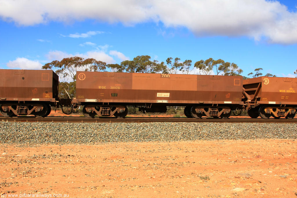100729 01516
WOE type iron ore waggon WOE 31117 is one of a batch of one hundred and thirty built by Goninan WA between March and August 2001 with serial number 950092-107 and fleet number 700 for Koolyanobbing iron ore operations, at Binduli Triangle, 29th July 2010.
Keywords: WOE-type;WOE31117;Goninan-WA;950092-107;